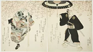The actors Ichikawa Danjuro VII as Sukeroku (R) and Onoe Kikugoro III as the white sake... c. 1823