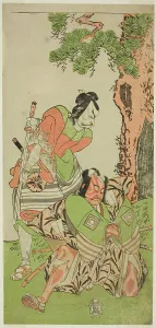 The Actors Ichikawa Danzo III as I no Hayata Tadazumi (right), and Matsumoto Koshiro II... c. 1770. Creator: Shunsho