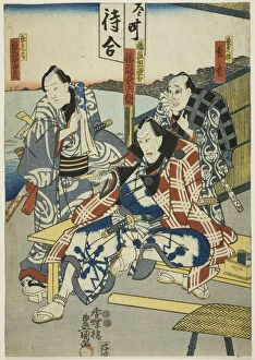 Three People Gallery: The actors Ichikawa Enzo as Chobei's Son Nagamatsu (R), Ichikawa Ebizo V as Banzui... c. 1847/52
