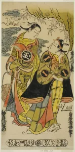 Torii School Gallery: The Actors Ichikawa Monnosuke I as Minamoto no Yoshiie and Sodesaki Iseno I as Onoe no... c. 1726