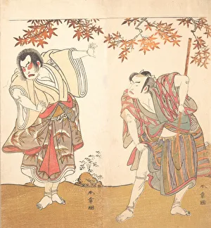 Diptych Of Polychrome Woodblock Prints: The Actors Ichimura Uzaemon and Arashi Sangoro, ca. 1773. Creator: Shunsho