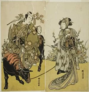 Leading Gallery: The Actors Iwai Hanshiro IV as Okume (right), and Ichikawa Monnosuke II as Koshiba...c. 1779