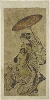 Hand Coloured Woodblock Print Gallery: The Actors Matsumoto Hyozo as a woman holding an umbrella and Nakamura... c. 1700