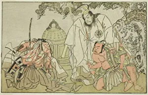 The Actors Nakajima Mihoemon II as Aramaki Mimishiro (right), Matsumoto Koshiro II as... c. 1772. Creator: Shunsho
