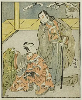 The Actors Nakamura Denkuro II as Suma no Dairyo (right), and Ichikawa Komazo II as... c. 1772. Creator: Shunsho