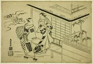 Basket Hat Gallery: The Actors Nakamura Takesaburo I as Kewaizaka no Shosho and Ichikawa Danjuro II as Soga no..., 1715