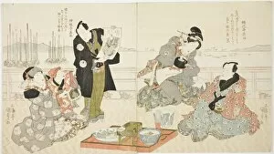 Onoe Baiko Gallery: The actors Onoe Kikugoro III, Onoe Matsutake III, and Iwai Kumesaburo II, c. 1825