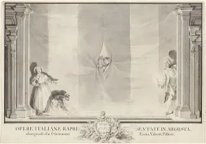 Looking Out Prints: Two Actors Peeking through a Theater Curtain while Others Prepare the Footlights