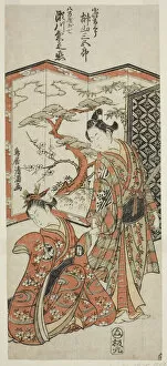 Folding Screen Gallery: The Actors Sakakiyama Sangoro as the page boy Kichisaburo and Segawa Kikunojo II as Oshich... 1759