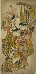 The Actors Sanjo Kantaro II as Osome and Ichikawa Monnosuke as Hisamatsu in the play... c. 1720. Creator: Okumura Masanobu
