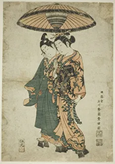 Patten Collection: The Actors Sanogawa Ichimatsu I and Segawa Kikunojo I as lovers under an umbrella, c