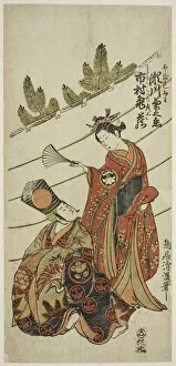 The Actors Segawa Kikunojo II as Miwa and Ichimura Kamezo I as Hikoso in the play 'Ume Mom... 1760