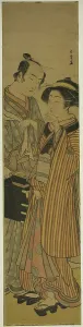 The Actors Segawa Kikunojo III as Okoma (right), and Arashi Sangoro III as the Hairdres... c. 1776. Creator: Shunsho