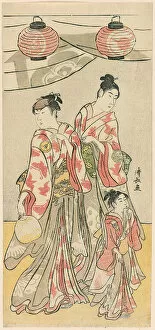 Celebrating Collection: The Actors Yamashita Mangiku, Iwai Hanshiro IV, and Iwai Kumesaburo from a pentaptych of e... 1788