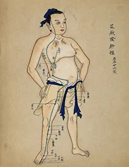 Alternative Medicine Prints: Acupuncture chart with a series of points indicated on the figure of a standing Chinese man