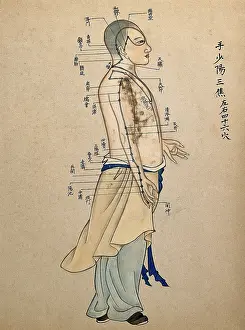 Alternative Medicine Prints: Acupuncture chart with a series of points indicated on the figure of a standing Chinese man