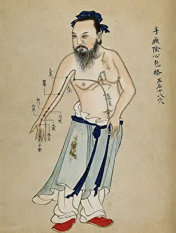 Alternative Medicine Prints: Acupuncture chart with a series of points indicated on the figure of a standing Chinese man
