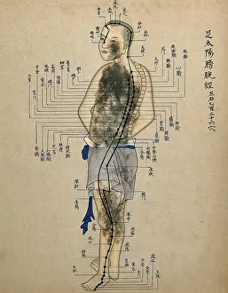 Alternative Medicine Prints: Acupuncture chart with a series of points indicated on the figure of a standing Chinese man