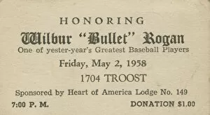 Advertising card for an event honoring Wilbur 'Bullet'Rogan, May 2, 1958