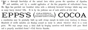 Hot Chocolate Prints: Advertisement for Epps's (Grateful, Comforting) Cocoa, 1890. Creator: Unknown