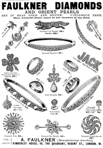 Earring Prints: Advertisement for Faulkner Diamonds and Orient Pearls, 1898. Creator: Unknown