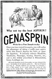 Advertisement for Genasprin, a proprietary brand of the drug Aspirin. 1919