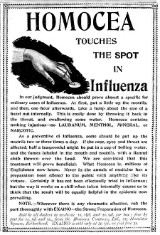 Epidemic Prints: Advertisement for Homocea, 1895. Creator: Unknown