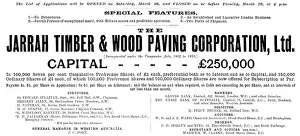 Stocks And Shares Prints: Advertisement for the Jarrah Timber & Wood Paving Corporation, Ltd. 1898. Creator: Unknown
