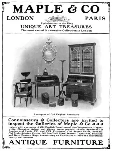 Hepplewhite Prints: Advertisement for Maple & Co of London, sellers of antique furniture, 1901