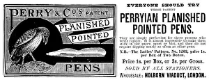 Pens Prints: Advertisement for Perryian Planished Pointed Pens, 1890. Creator: Unknown