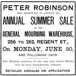 Sale Prints: Advertisement for Peter Robinson Annual Summer Sale, 1890. Creator: Unknown