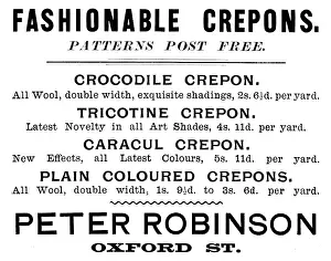 Draper Prints: Advertisement for Peter Robinson, Fashionable Crepons, 1895. Creator: Unknown