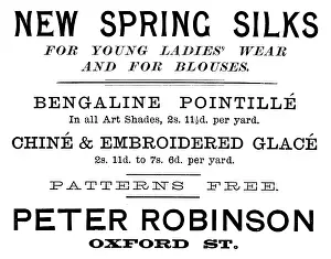 Tailoring Prints: Advertisement for Peter Robinson, New Spring Silks, 1895. Creator: Unknown
