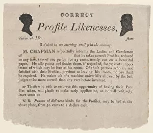 Silhouette Collection: Advertisement for profile likenesses by Moses Chapman, 1803-21. 1803-21. Creator: Anon