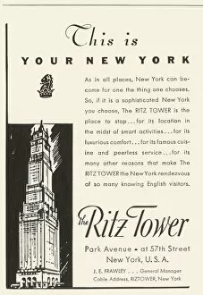 Images Dated 14th May 2019: Advertisement for the Ritz Tower Hotel in New York, 1934. Creator: Unknown