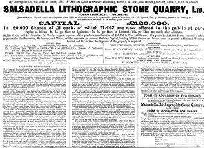 Investment Prints: Advertisement for the Salsadella Lithographic Stone Quarry, Ltd. 1898. Creator: Unknown