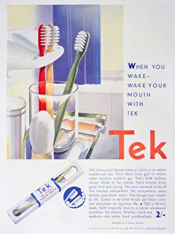 Dental Health Prints: Advert for Tek toothbrushes, by Johnson and Johnson, 1931