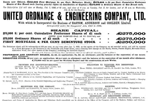 Stocks And Shares Prints: Advertisement for the United Ordnance & Engineering Company, Ltd. 1898. Creator: Unknown