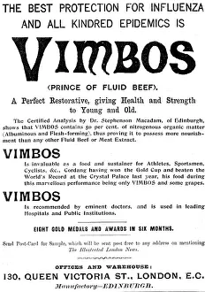 Epidemic Prints: Advertisement for Vimbos (Prince of Fluid Beef), 1898. Creator: Unknown
