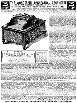 Advertisement for the Wonderful Orchestral Organette, 1890. Creator: Unknown