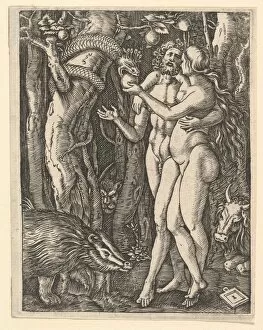 A Durer Gallery: Adam and Eve with apple and serpent, ca. 1500-1534. Creator: Marcantonio Raimondi