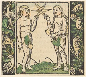 Grien Hans Baldung Prints: Adam and Eve Holding a Star, illustration from Beschlossen Gart des Rosenkranz Mariae