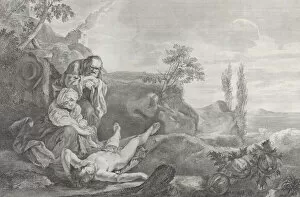Adam and Eve at left, as an elderly couple, mourning over the corpse of Abel who lies i
