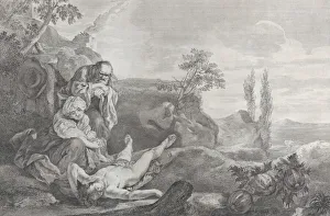 Elderly Prints: Adam and Eve at left, as an elderly couple, mourning over the corpse of Abel who lies i