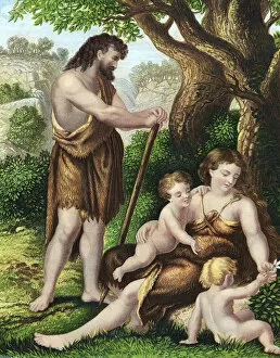 Temptation Collection: Adam and Eve with their sons, Cain and Abel, resting in the wilderness, c1860