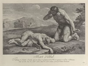 Adam And Eve Collection: Adam kneels in grief beside the body of Abel, while Cain flees in the background, ca