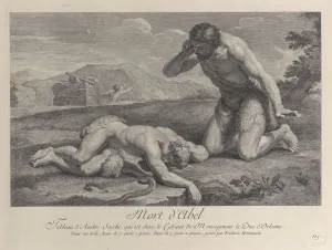 Murdered Prints: Adam kneels in grief beside the body of Abel, while Cain flees in the background, ca