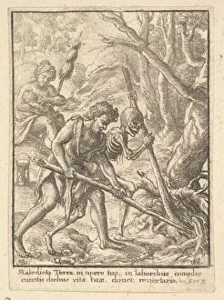 Adam Ploughing from the Dance of Death, 1651. Creator: Wenceslaus Hollar