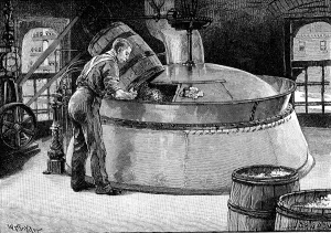 Boiling Prints: Adding hops to boiling beer in an American brewery, 1885