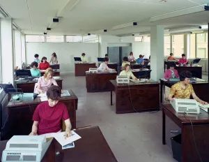 Admin Prints: Administration office at Huntsman House, Leeds, West Yorkshire, 1968